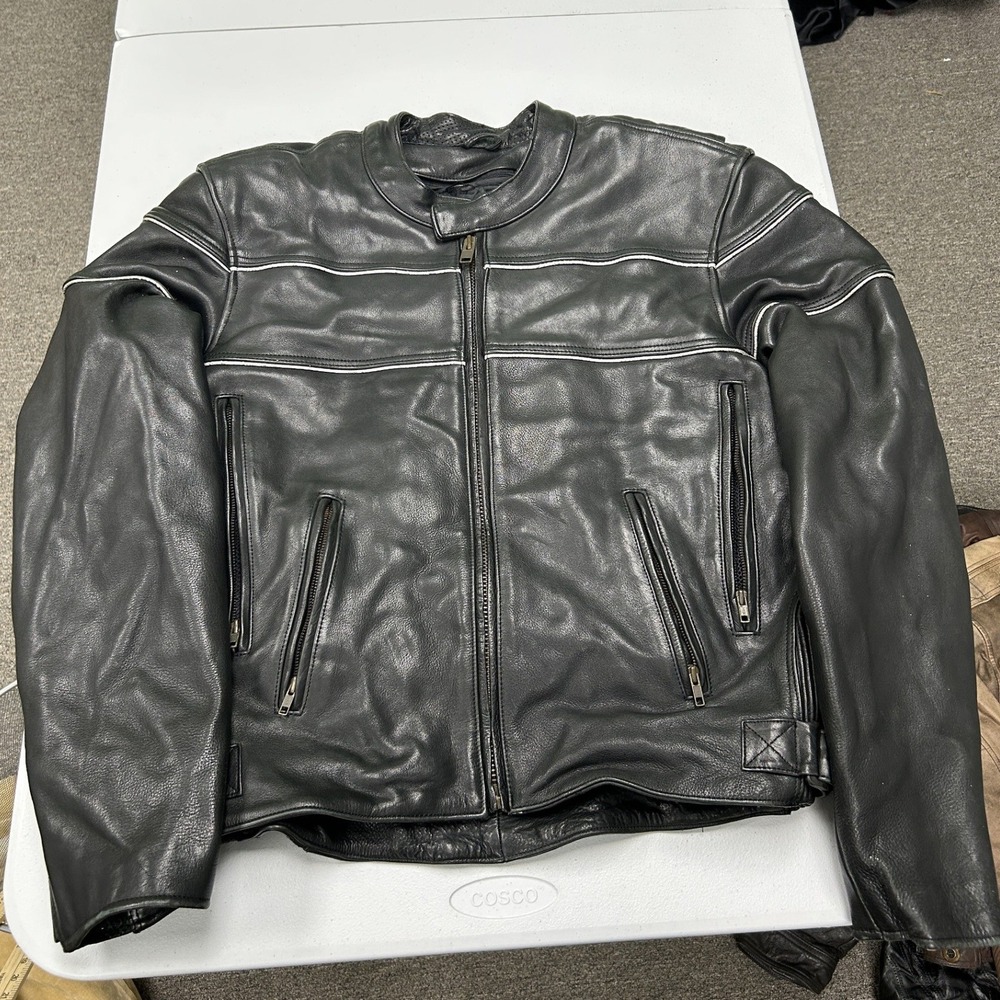 Wilsons Leather Motorcycle Jacket Mens L Black White Piping Cafe Racer Biker